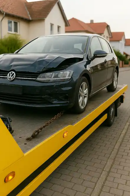 Ein defektes Fahrzeug, das für den Autoankauf in Höxter abgeschleppt wird, um seinen Restwert zu ermitteln.